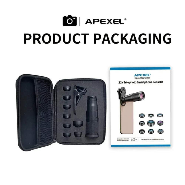 APEXEL 10 in 1 Telescope Zoom Mobile Phone Lens Kit with case and packaging on a white background. Astoria Lifestyle