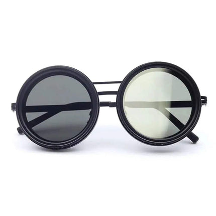 Adjustable Dimming Sunglasses round with black frames and reflective lenses on a white background