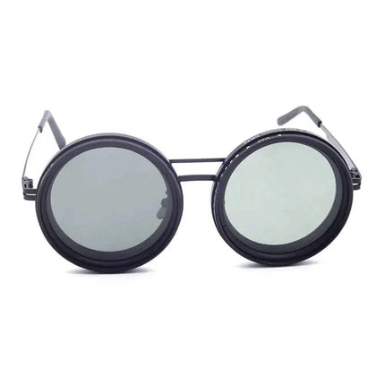 Adjustable Dimming Sunglasses Round sunglasses with black frames and reflective lenses on a white background