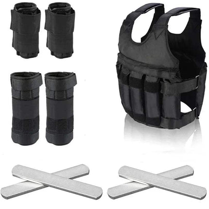 Black Adjustable Weighted Vest for Strength & Endurance Training with shoulder pads and metal weights on a white background