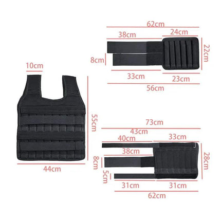 Black Adjustable Weighted Vest with measurements on a white background