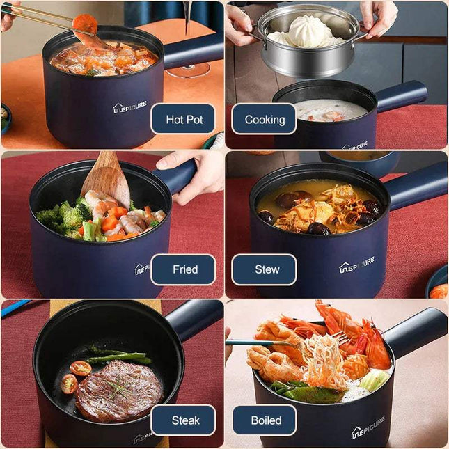 Collage of a blue All-In-One Mini Electric Cooker being used for various cooking methods including hot pot, cooking, fried, stew, steak, and boiled.