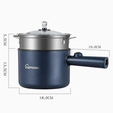 Blue All-In-One Mini Electric Cookerwith measurements on a white background