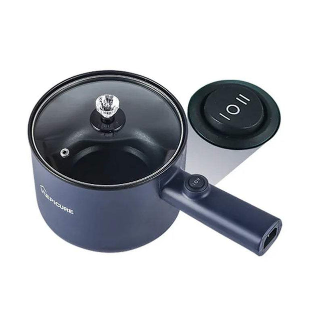 Blue All-In-One Mini Electric Cooker with control knobs on a white background