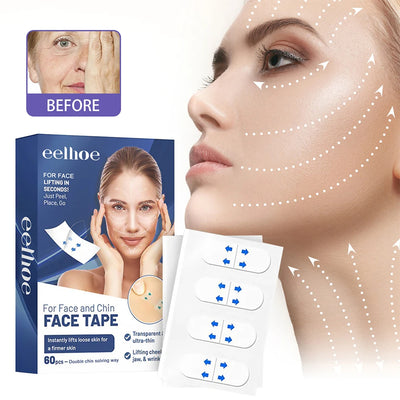 Anti Wrinkle Beauty Stickers for instant face lift before and after comparison featuring transparent patches for tighter skin.