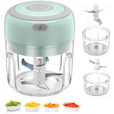 Electric Kitchen Food Chopper Green with attachments and ingredients on a white background