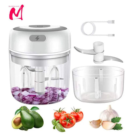 Electric Kitchen Food Chopper with ingredients and attachments on a white background