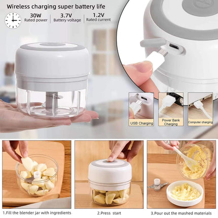 Electric Kitchen Food Chopper with USB charging cable, usage instructions, and product features.