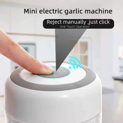 Electric Kitchen Food Chopper with a hand pressing a button, set against a blurred indoor background.