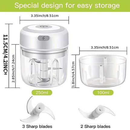 Electric Kitchen Food Chopper with dimensions and blade details.