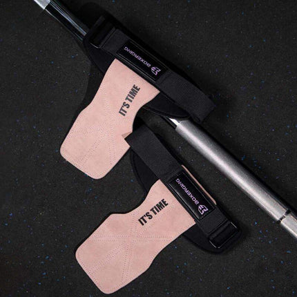 Pink Weightlifting Grip Pads with 'It's Time' text on a black background