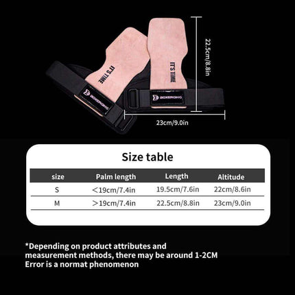 Pair of pink Weightlifting Grip Pads with black straps and measurement details on a black background.