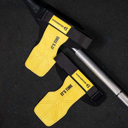 Yellow Weightlifting Grip Pads with 'It's Time' text on a black background