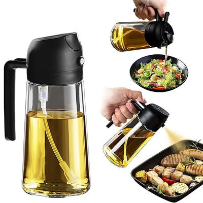 2-in-1 Oil Spray Bottle demonstrating spray and pour functionality for healthy cooking and grilling