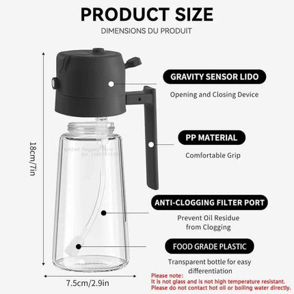 2-in-1 Oil Spray Bottle dimensions, features, and specifications including anti-clogging filter and food-grade plastic.