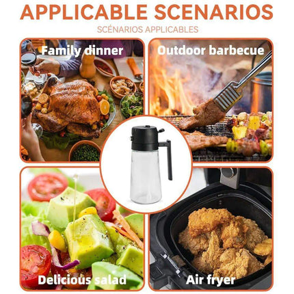2-in-1 Oil Spray Bottle shown in various cooking scenarios: family dinner, outdoor barbecue, salad preparation, and air fryer.