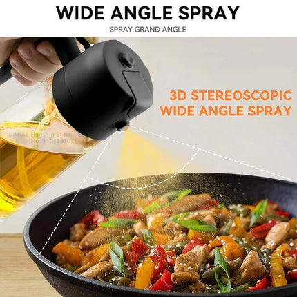 2-in-1 Oil Spray Bottle in action, showcasing wide-angle spray for healthy cooking.