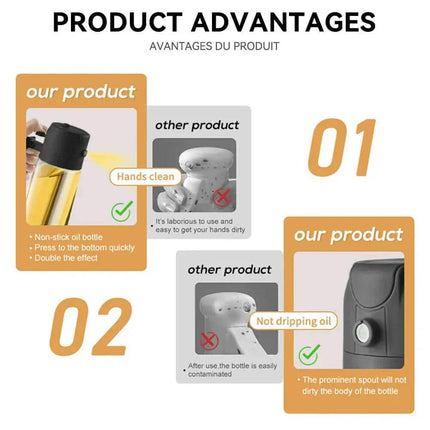 2-in-1 Oil Spray Bottle comparison showing advantages like hands clean and no dripping oil.