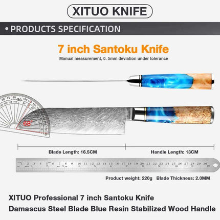 7 Inch Chef Knife with specifications including blade length, handle length, weight, and thickness.