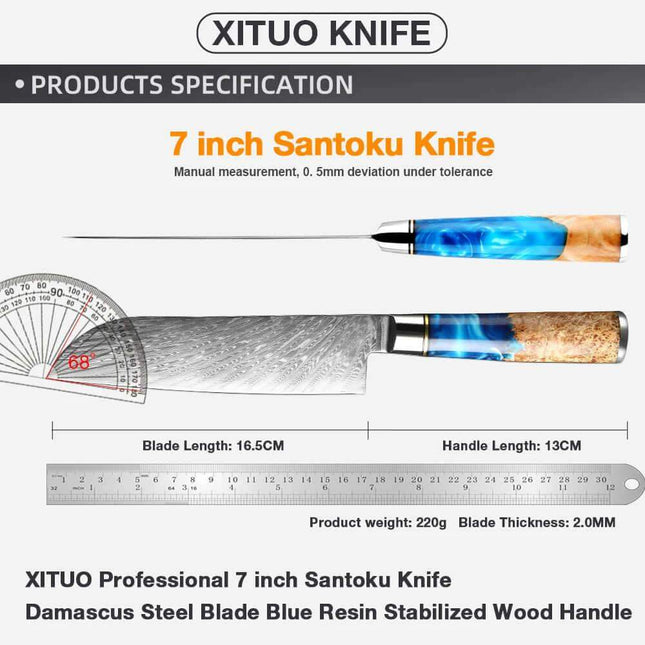 7 Inch Chef Knife with specifications including blade length, handle length, weight, and thickness.