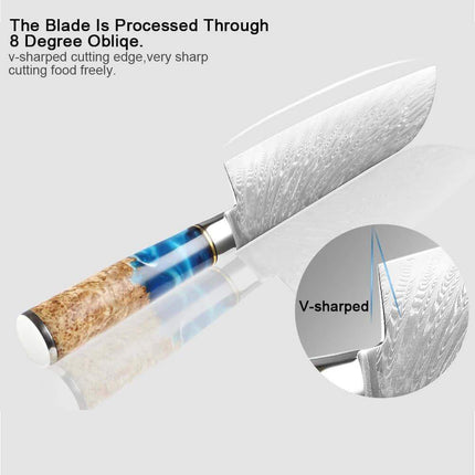 7 Inch Chef Knife with a v-shaped cutting edge on a light gray background