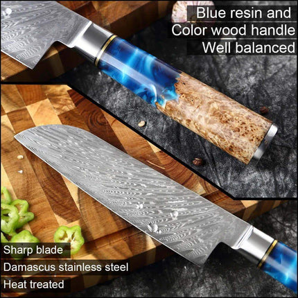 7 Inch Chef Knife with blue resin and color wood handle on a cutting board.