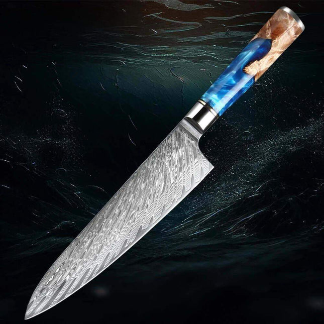 8 Inch Chef Knife with a blue handle on a dark textured background