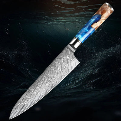 8 Inch Chef Knife with a blue handle on a dark textured background