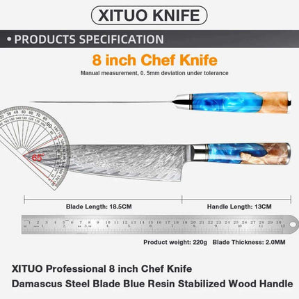 8 Inch Chef Knife with specifications and measurements on a white background