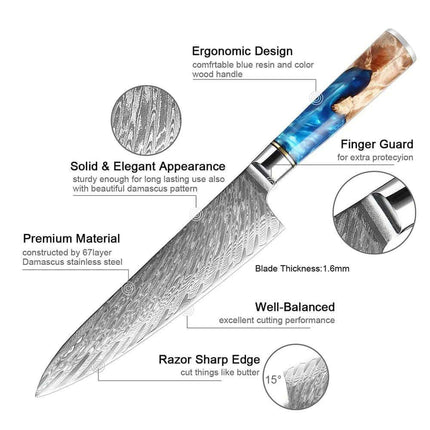 8 Inch Chef Knife with features highlighted on a white background
