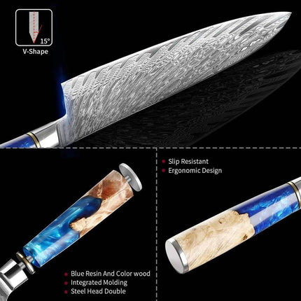 8 Inch Chef Knife with blue resin and wood handle, highlighting features on a black background.