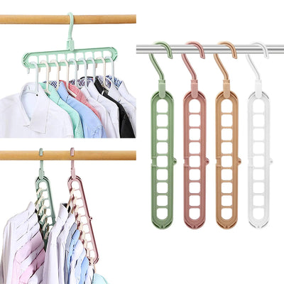 9-in-1 Smart Hanger showcasing multiple colors and a cascading system for efficient wardrobe organization.