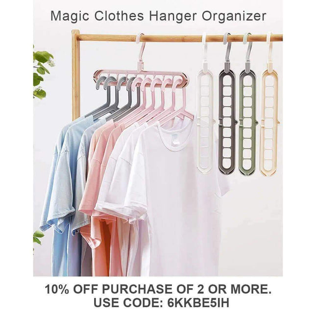 9-in-1 Smart Hanger with multiple shirts organized vertically for space-saving wardrobe solutions.