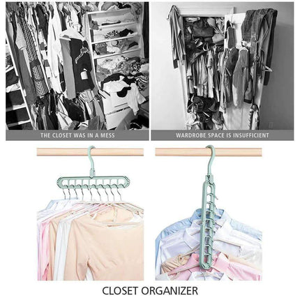 Before and after closet organization with the 9-in-1 Smart Hanger, showcasing improved space-saving and tidy storage.