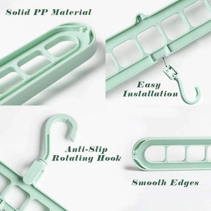 9-in-1 Smart Hanger showcasing solid PP material, anti-slip rotating hook, easy installation, and smooth edges.