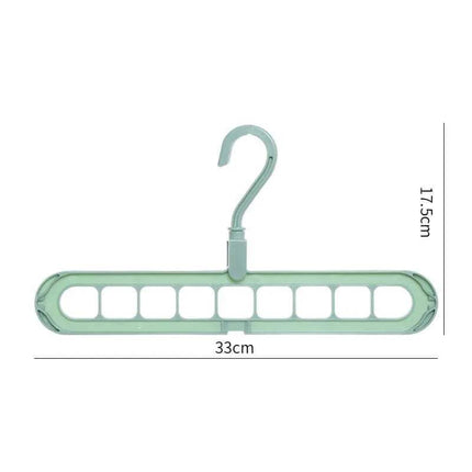 9-in-1 Smart Hanger in green color, showcasing a nine-hole cascading system for efficient wardrobe organization.