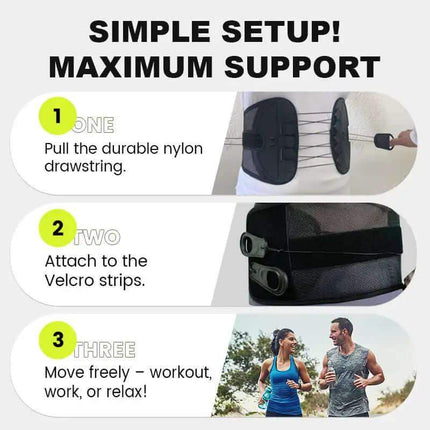 Adjustable Lumbar Support Belt Instructions for using a product with durable nylon drawstring and Velcro strips, shown on a white background.