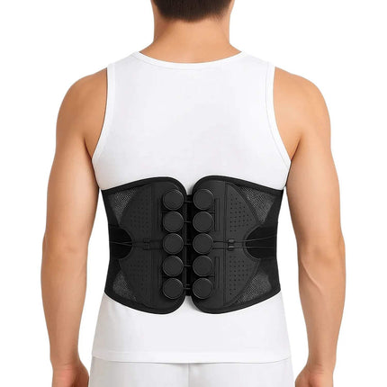 Adjustable Lumbar Support Belt Person wearing a black back brace on a white background