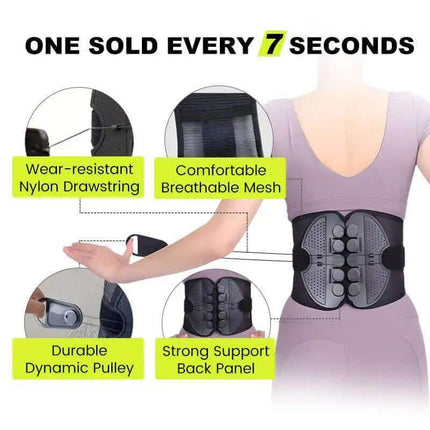 Adjustable Lumbar Support Belt Back support belt with features highlighted on a white background