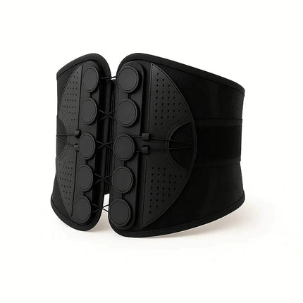 Adjustable Lumbar Support Belt Black waist trainer with multiple straps on a white background