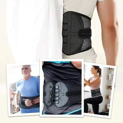 Adjustable Lumbar Support Belt Back support belt with additional images of people wearing it in different settings.
