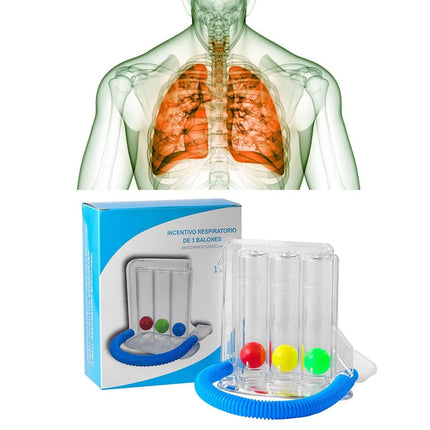 breathing balls exerciser Respiratory training device with packaging and anatomical illustration of lungs.