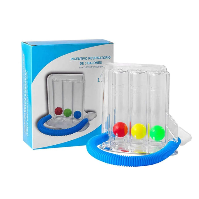 breathing balls exerciser Clear respiratory incentive device with colorful balloons and packaging on a white background