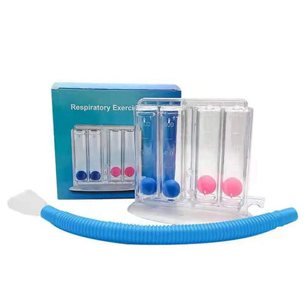 breathing balls exerciser Respiratory exercise device with blue hose and packaging on a white background