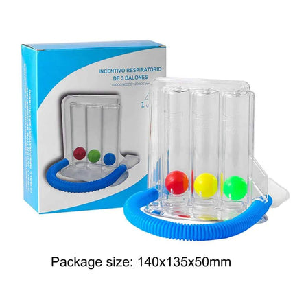breathing balls exerciser Clear respiratory training device with colorful balloons and packaging on a white background