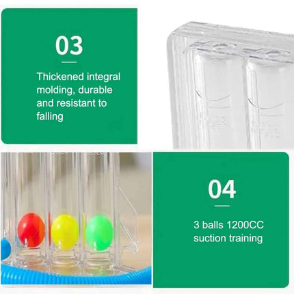 breathing balls exerciser Clear suction cup training device with colorful balls and text describing features.