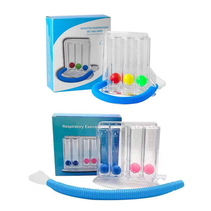 breathing balls exerciser Respiratory exercise device with colorful balloons and packaging on a white background
