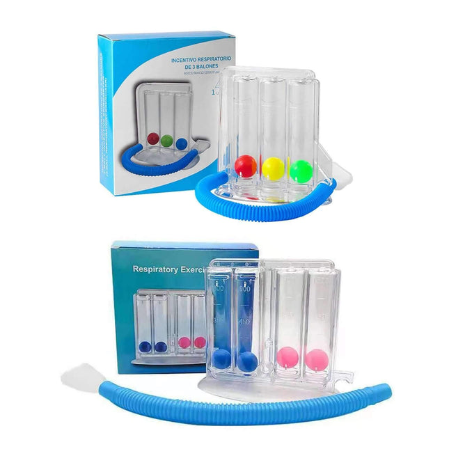 breathing balls exerciser Respiratory exercise device with colorful balloons and packaging on a white background