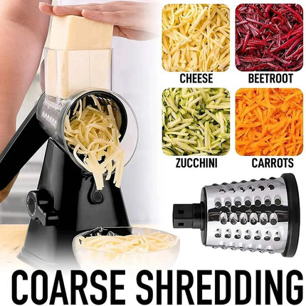 3-in-1 Rotary Cheese Grater & Vegetable Slicer Shredder with coarse shredding attachment and examples of shredded vegetables.