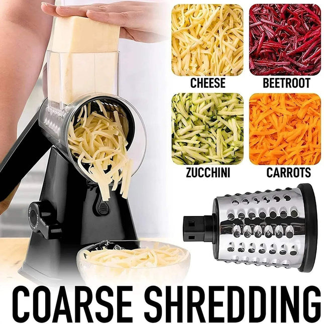 3-in-1 Rotary Cheese Grater & Vegetable Slicer Shredder with coarse shredding attachment and examples of shredded vegetables.